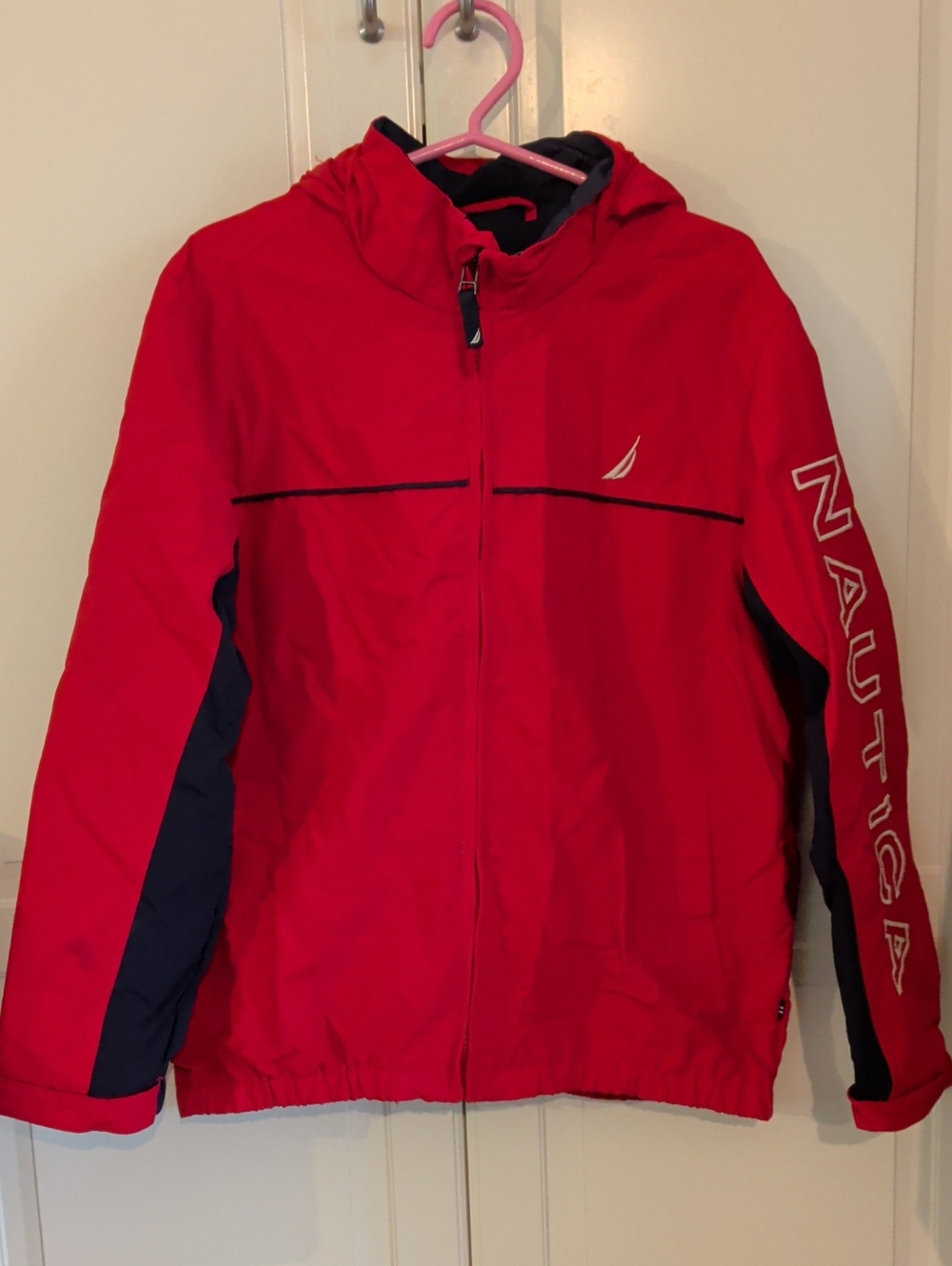 Nautica Kids Red Hooded Raincoat with Navy Accents
